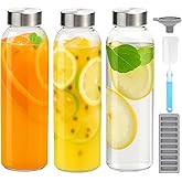 Zukro Glass Water Bottles with Lids 24 oz, 3 Pack Reusable Juice Bottles With Stainless Steel Airtight Cap for Juicing, Leak Proof Clear Drinking Jar Beverage storage container for Fridge, BPA Free