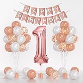 Rose Gold 40inch Number 1 Balloon, First Birthday Decorations For Girl With Rose Gold White Confetti Balloons, Happy Birthday Banner Large 1 Balloon For Baby Girl Princess Birthday Party Decor