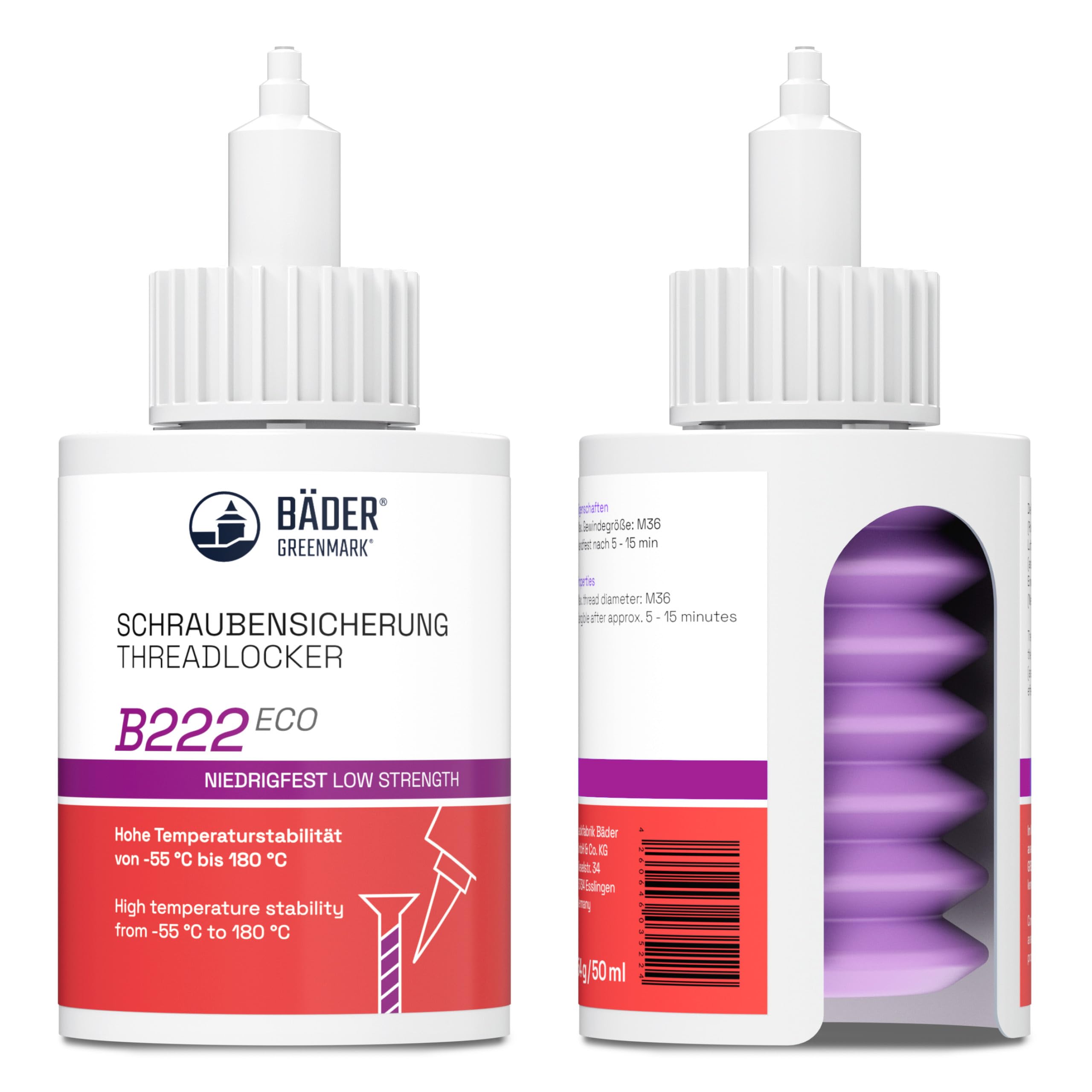 BÄDER Threadlocker B222Eco Low Strength Purple 50ml Bottle - High Temperature Resistant, Fluorescent - Works on All Metals and Threads, for Large Threads - Quality Made in Germany