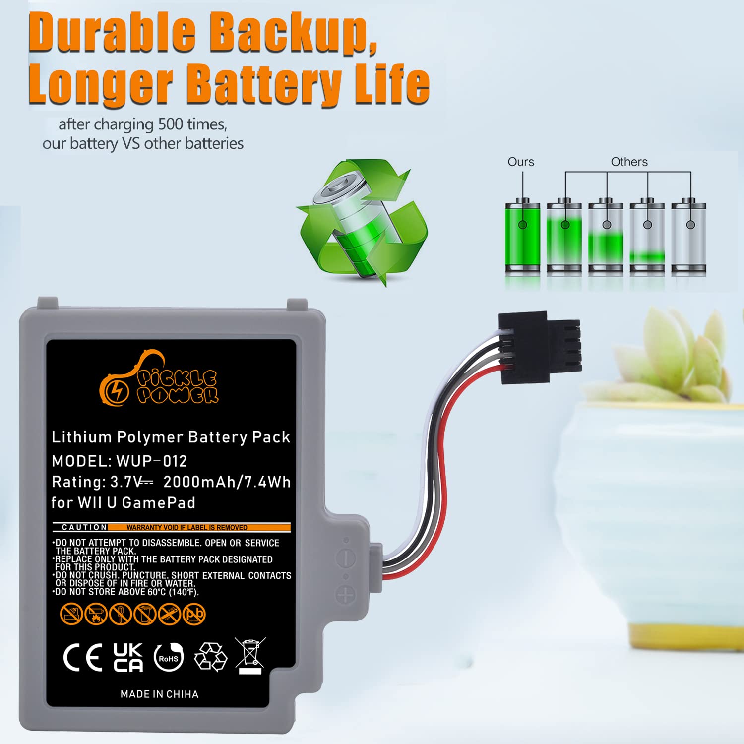 Pickle Power Wii U Gamepad Battery WUP-012 WUP-010 Rechargeable Battery Pack for Nintendo Wii U Gamepad