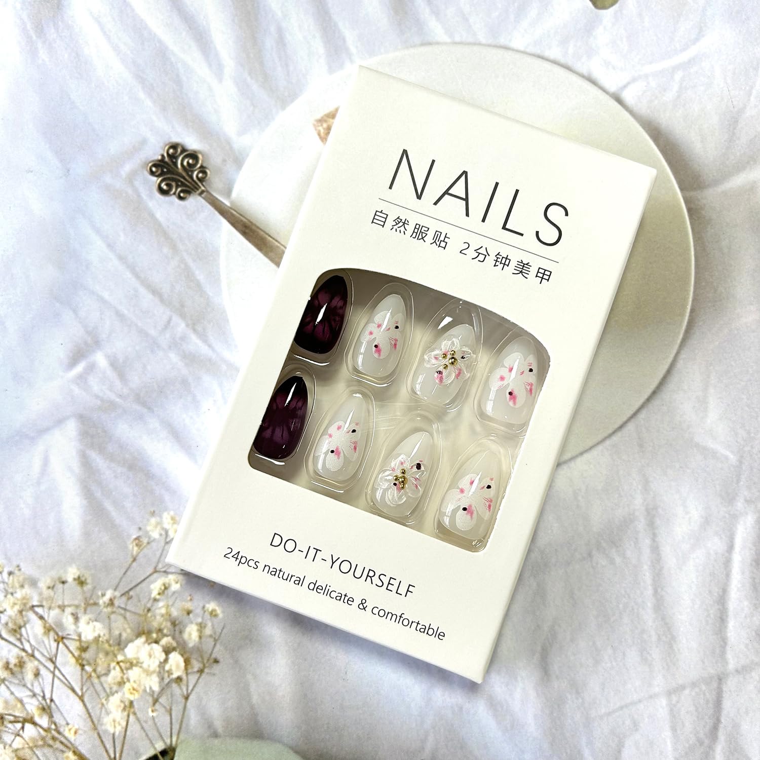 TBRZTR Almond Shaped Press on Nails Medium 3D Peach Blossom Rhinestones Design False Nails Full Cover Flower Coffin Nails Artificial Acrylic Nails Charm Glue on Nails for Women 30Pcs - Image 5