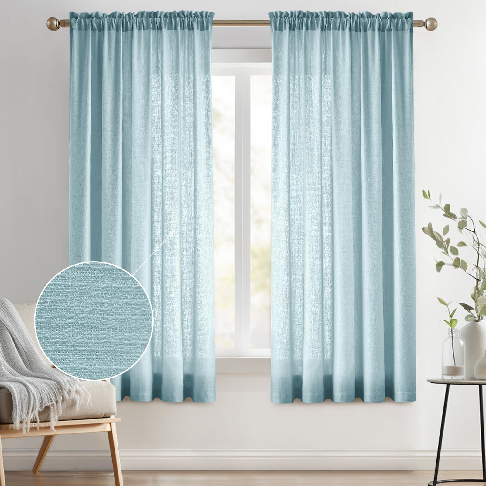 Photo 1 of Melodieux Blue Semi Sheer Curtains 63 Inch Length for Bedroom Living Room, Farmhouse Linen Texture Light Filtering Home Office Shiny Sheer Drapes Rod Pocket, 52" W x 63" L, 2 Panels