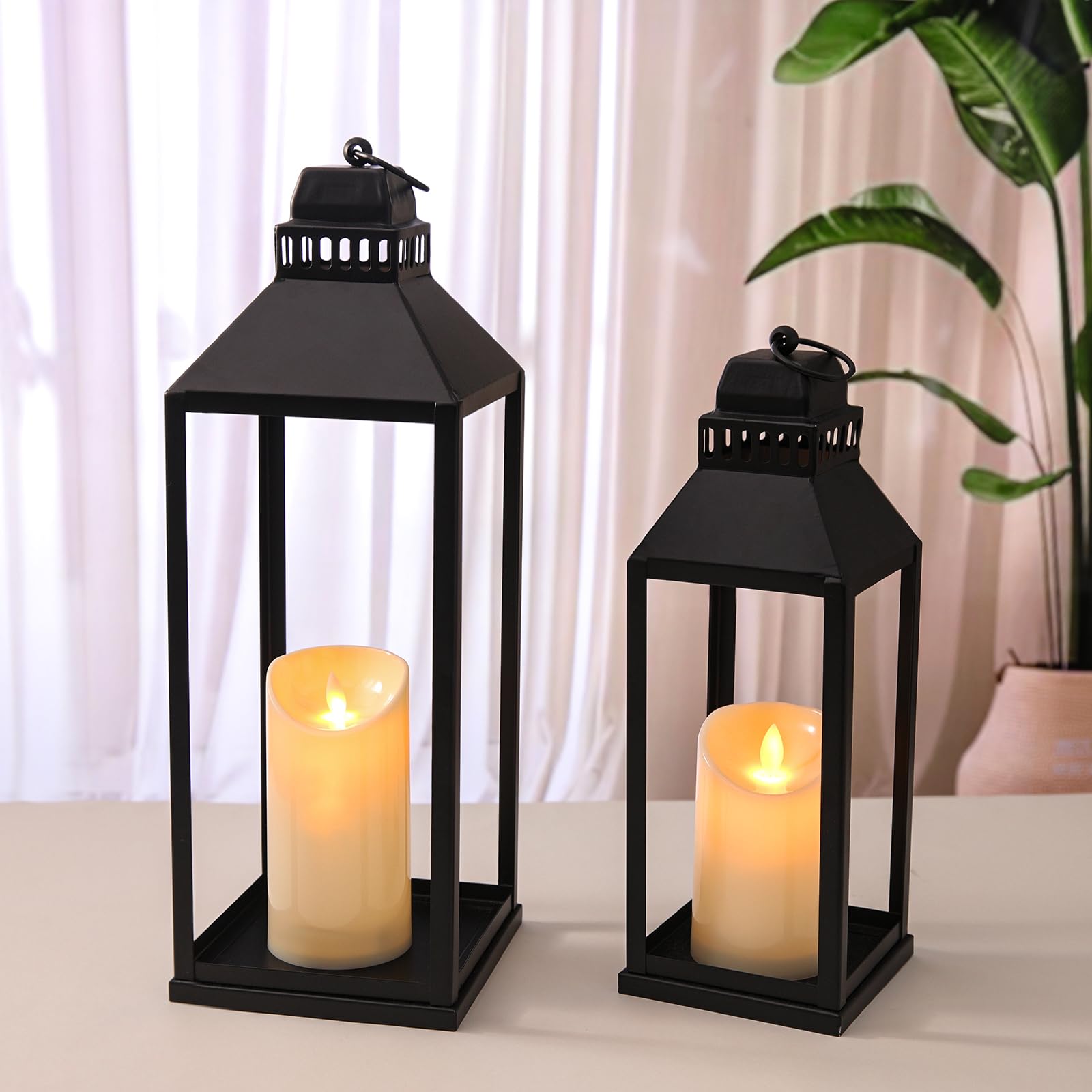 Photo 1 of ***(MISSING CANDLES)***MATAHUM 17" 13" Lanterns Decorative Indoor Outdoor, Set of 2 Modern Farmhouse Metal Black Lantern with Candles, Halloween, Christmas Decorative Lanterns for Mantle, Fireplace, Patio, Porch, Home Decor