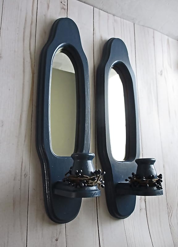 Mirrored Candle Holders, Wall Sconces, Navy Blue, Wall