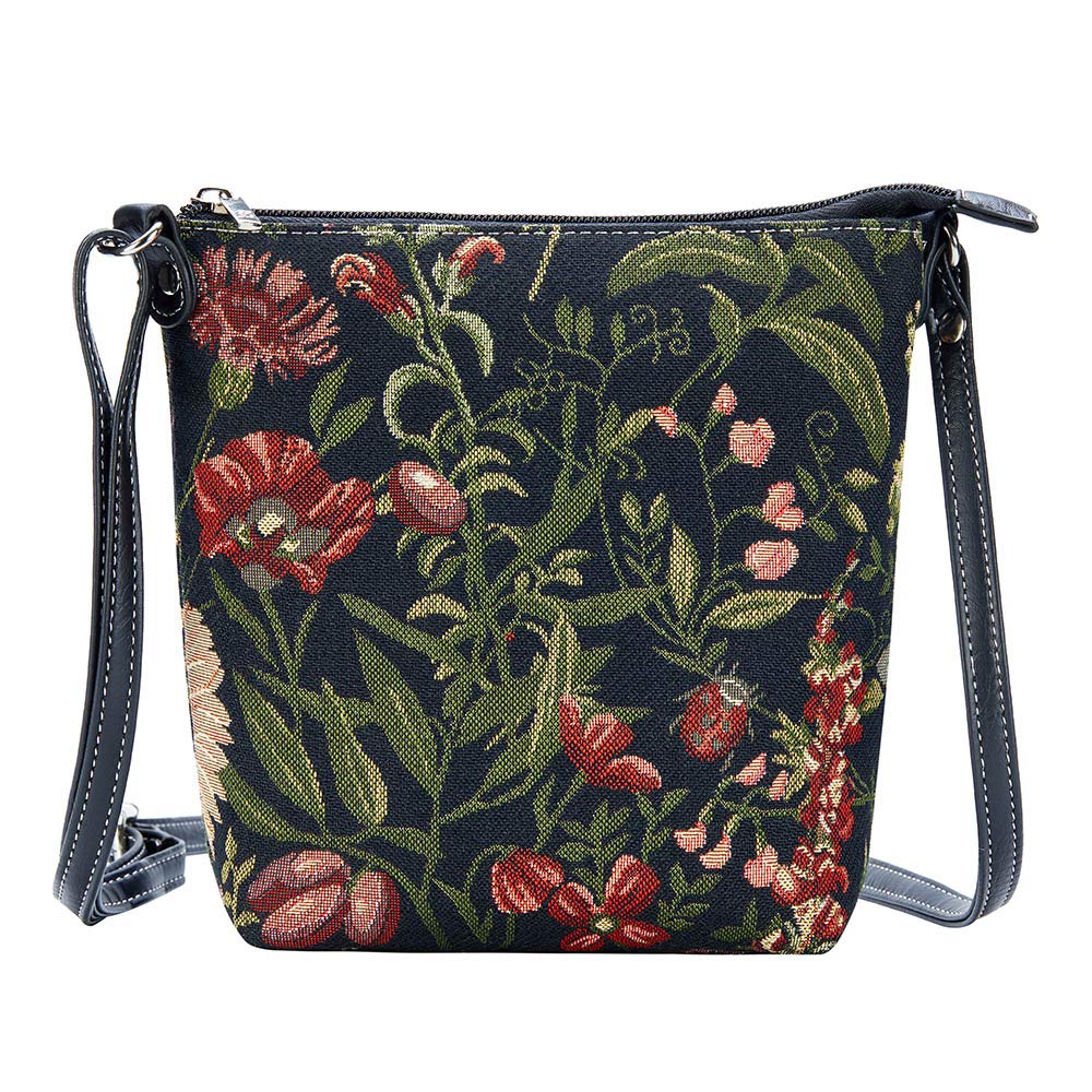 Signare Tapestry Small Crossbody Bag Sling Bag for Women Designs (Morning Garden Black; SLING-MGDBK)