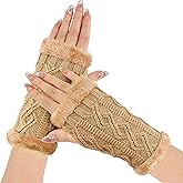 Geoxury Women Arm Warmers, Winter Knitted Wrist Warmers Fluffy Lined Fingerless Mitten Gloves for Women Girls Cold Weather