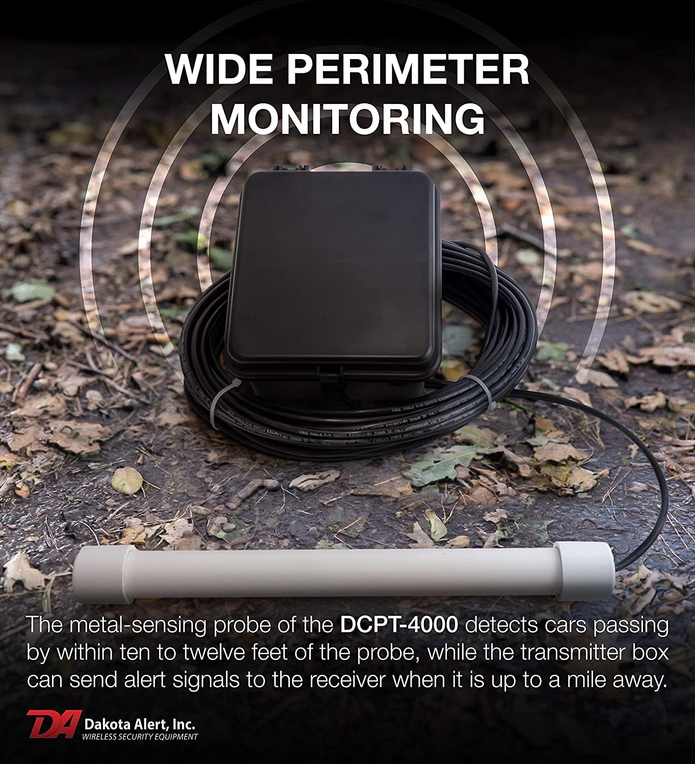 Dakota Alert Driveway Alarm Sensor - DCPA-4k Plus Driveway Alarms Wireless Outside Weatherproof Alert System, 1-Mile-Long Range Sensors, Receiver & Vehicle Detecting Probe Transmitter & 50' Wire