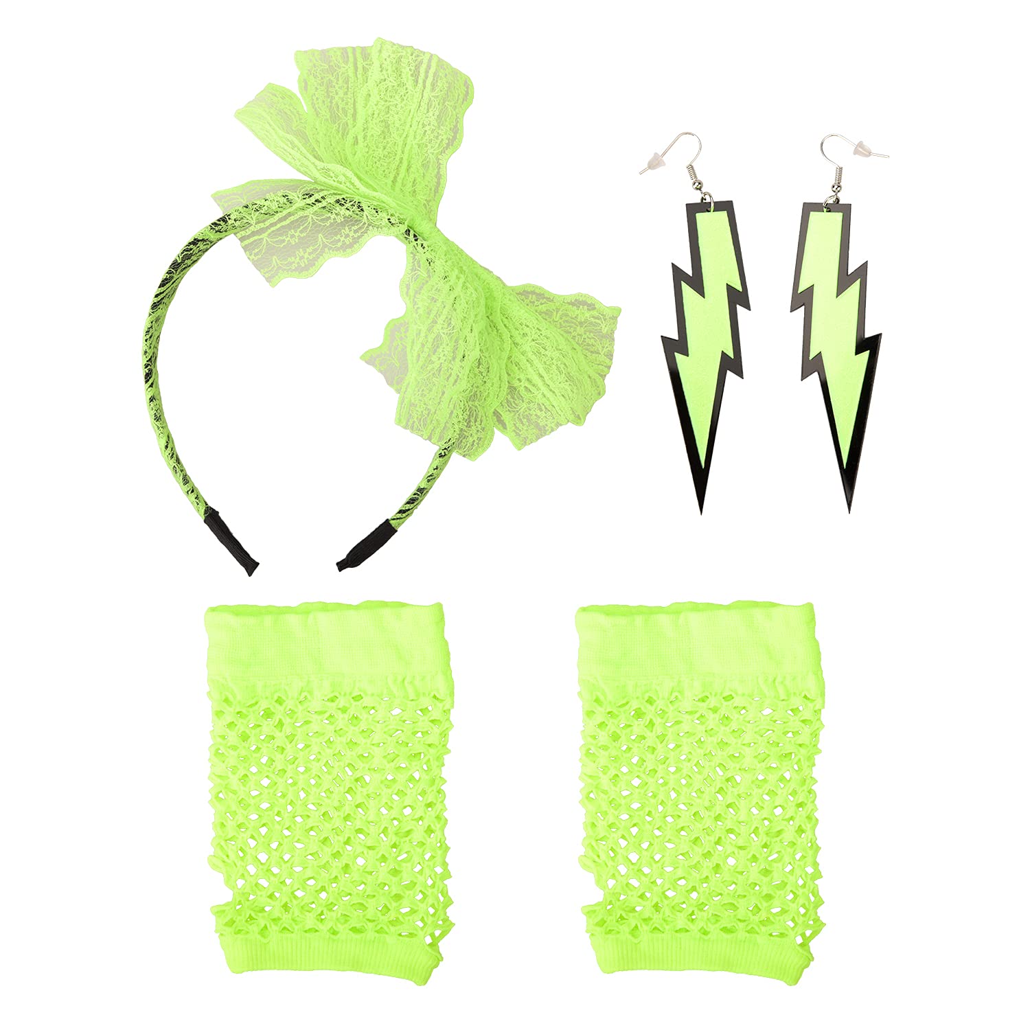 Parieo 3 Pieces 80s Fancy Dress Costume Accessories Retro Lace Headband Neon Earrings Fingerless Fishnet Gloves (Green)