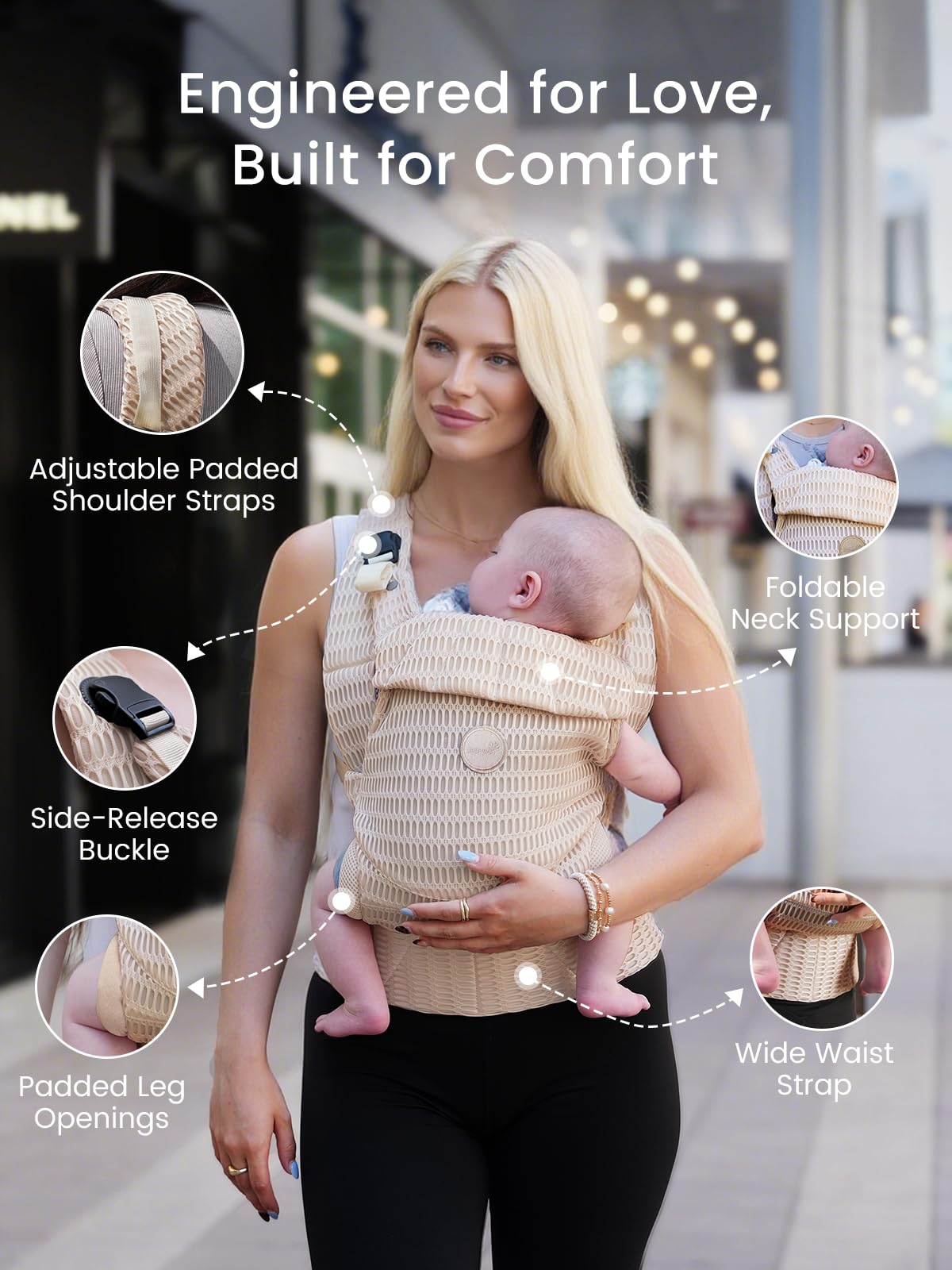 GROWNSY Baby Carrier Newborn to Toddler, Breathable Mesh Carrier(7-44lbs) with One-Click Sliding Clasp, Head Support, Ergonomic Design and Hands-Free Comfort, Almond Beige
