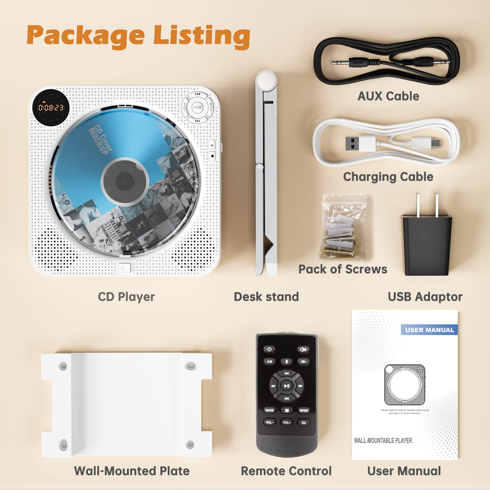 Desobry Portable Bluetooth CD Player with Speakers Wall CD Player for Home with Remote Control FM Radio Digital Screen Headphone Jack Support AUX