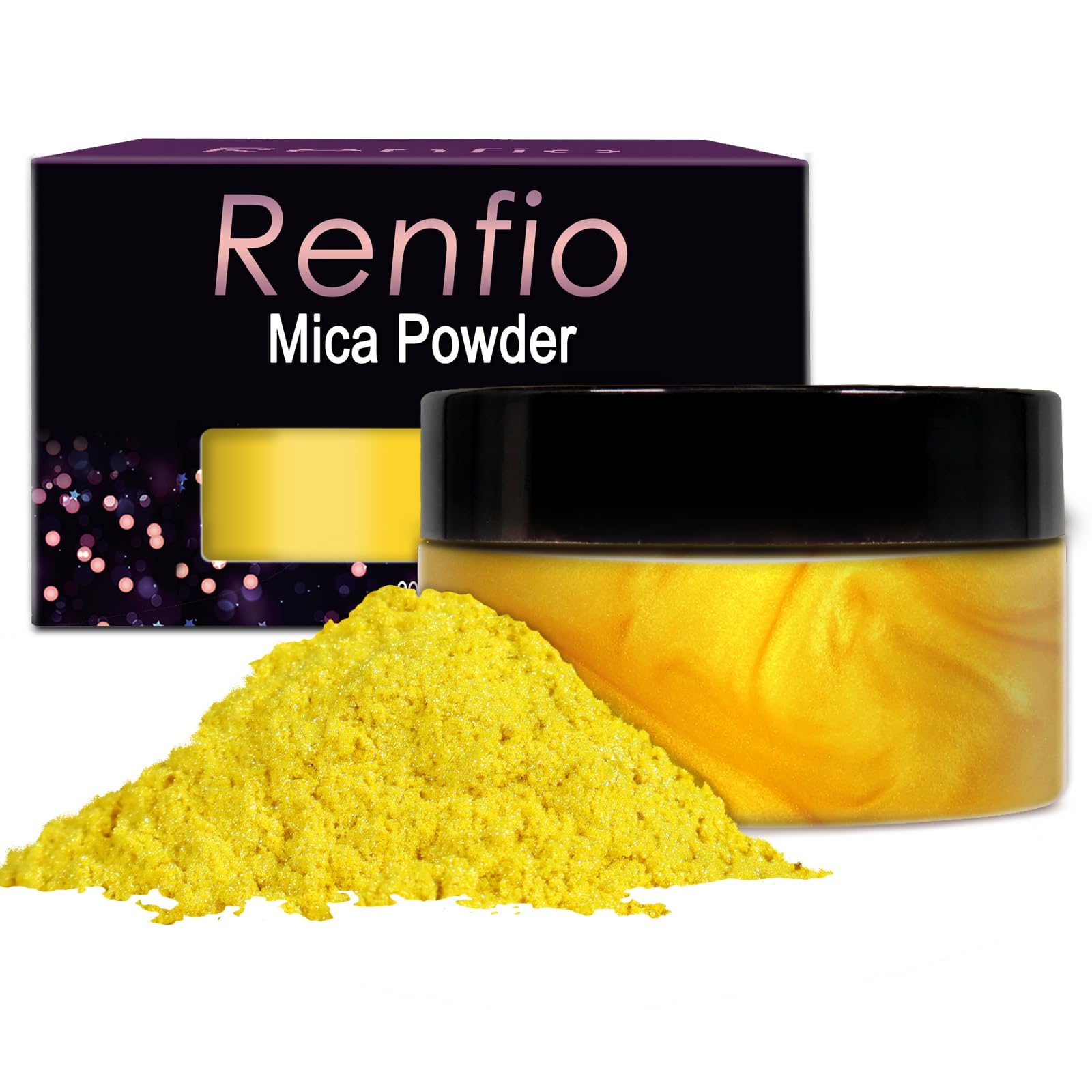 Renfio 100g Mica Powder Pigment, Metallic Natural Dye Mineral Pearl Shimmer Epoxy Resin Dye for Painting Soap Making Slime Bath Bombs 3.5 Oz - Yellow