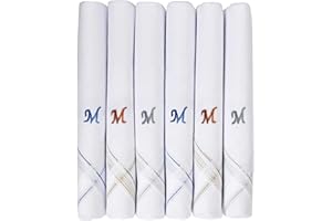 Caruso Italy Men's Initial Monogram Embroidery 100% Pure Cotton Handkerchief White Base With Colored Border - Pack Of 6