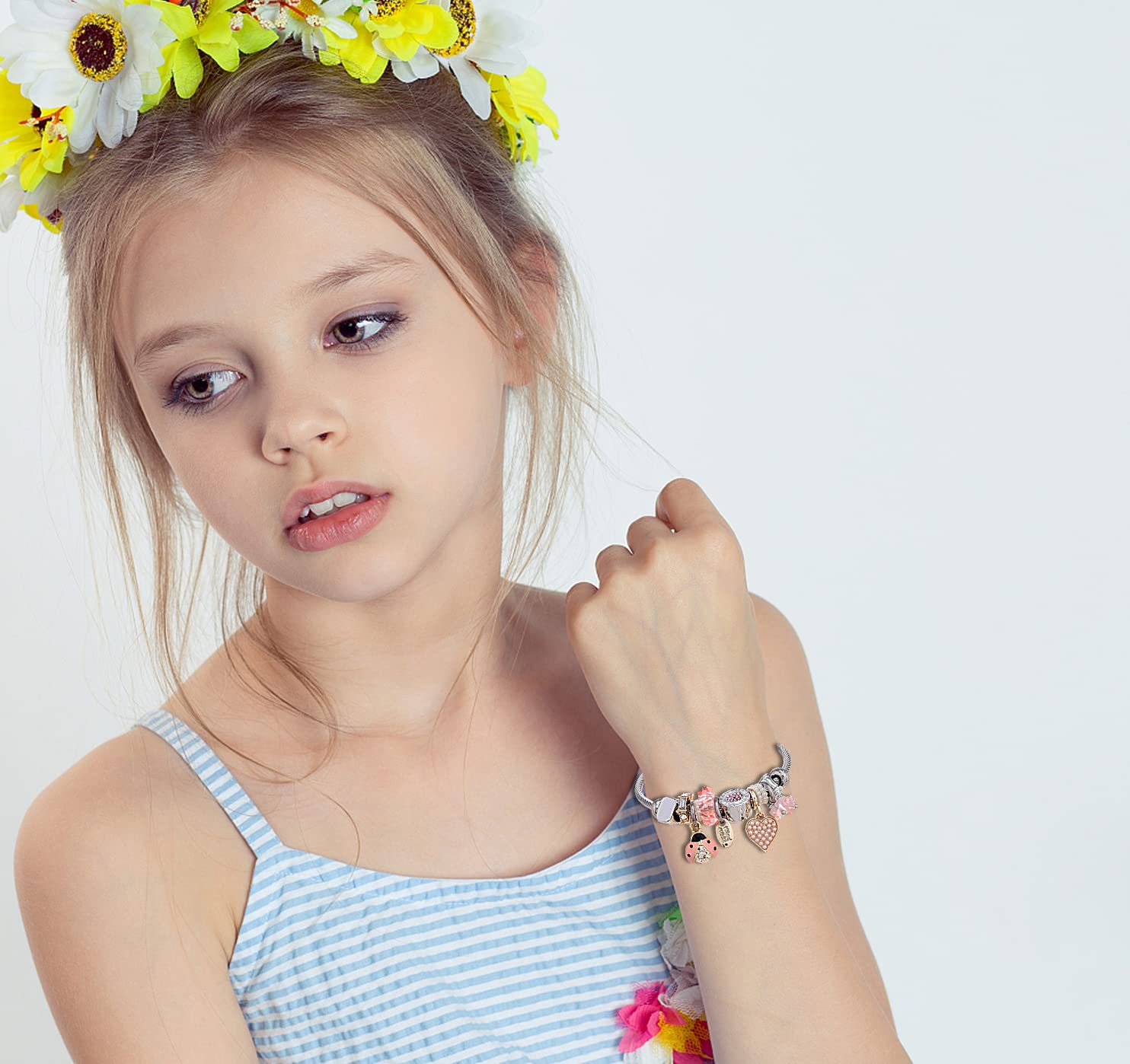 DS Charm Bracelets for girls,exquisite cute cartoon friendship bracelets Silver Stainless Steel Bangle with birthday Gift box, Adjustable girls jewelry Suitable for holiday gifts