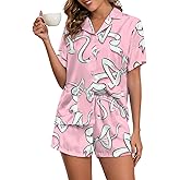 Brosloth Womens Silk Pajamas Summer Short Sleeve Floral Print Plaid Button Up Satin Pjs Set Loungewear Sets