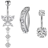 Mayhoop 14G Belly Button Rings 316L Surgical Stainless Steel Dangle Clicker Belly Ring Dangling Piercing Jewelry With Heart Flower Butterfly Silver Gold Tone For Women