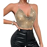 Womens Sexy Sparkly Chain Top Deep V Neck Crop Tank Tops Cami Body Chain Rave Shirt Dance Festival Outfits Party Clubwear