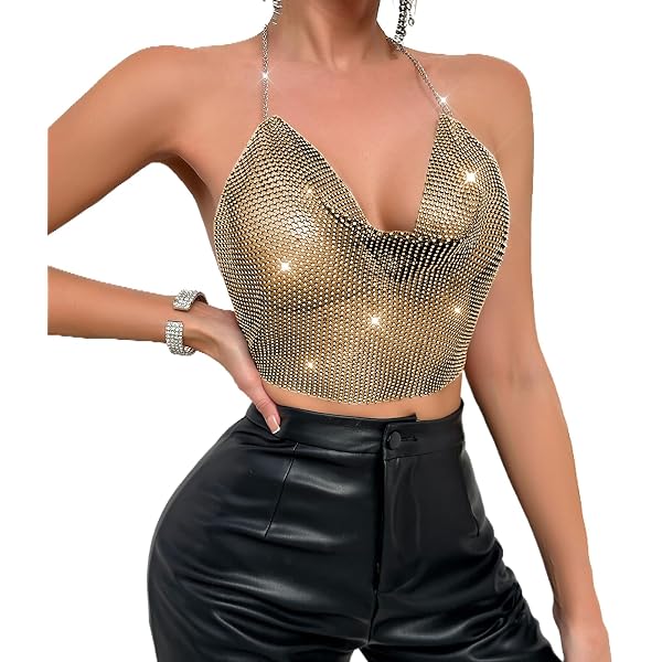Women Shiny Halter Backless Tank Top Deep V Neck Rhinestone Chain