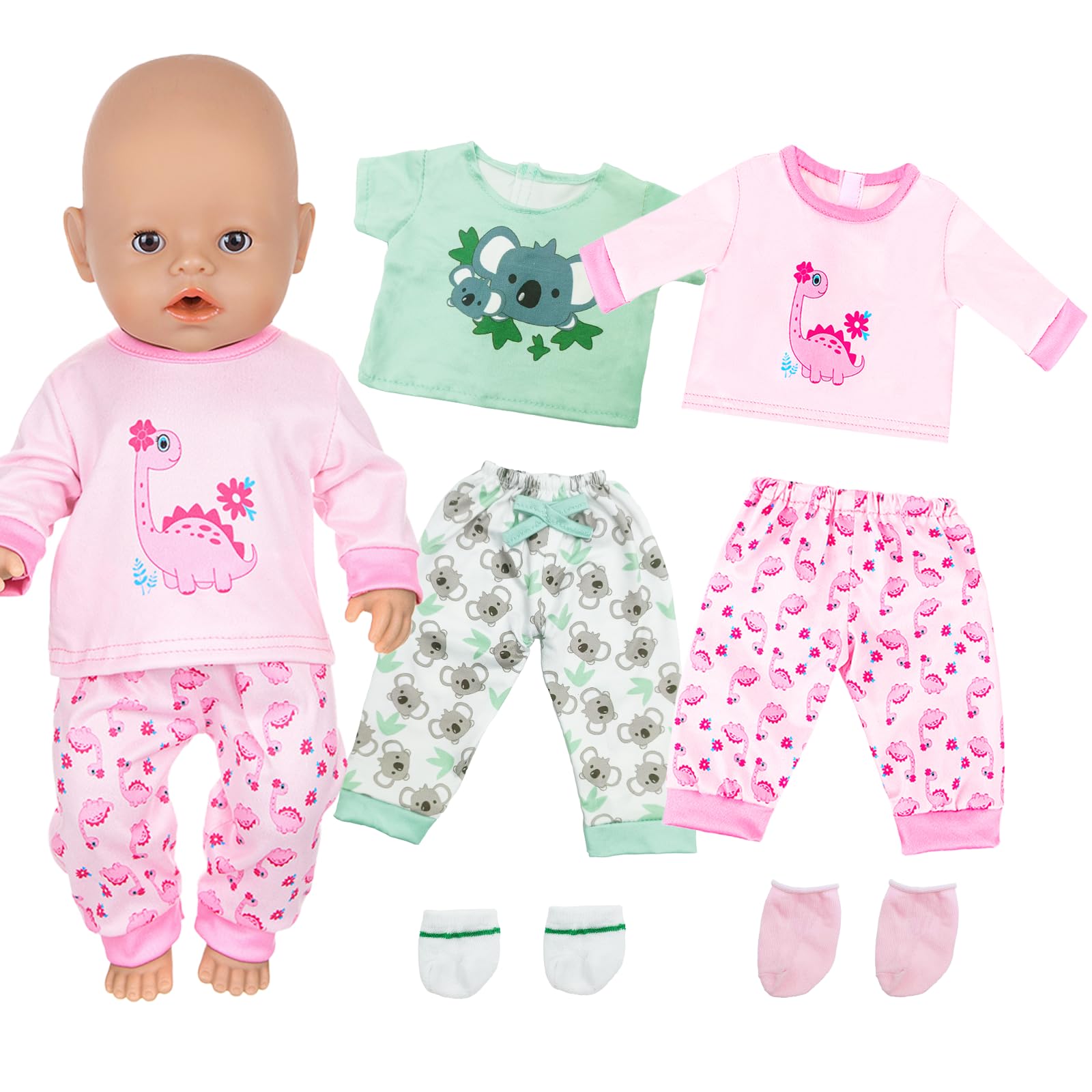 Baby Dolls Clothes for 14-18 Inch Doll, Cute Animal Theme Doll Clothes for 35-45cm Boy Girl Doll, Dinosaur Top & Pants, Koala Top & Pants, 2 Pairs Socks, Pink Doll Clothes for Kids Birthday