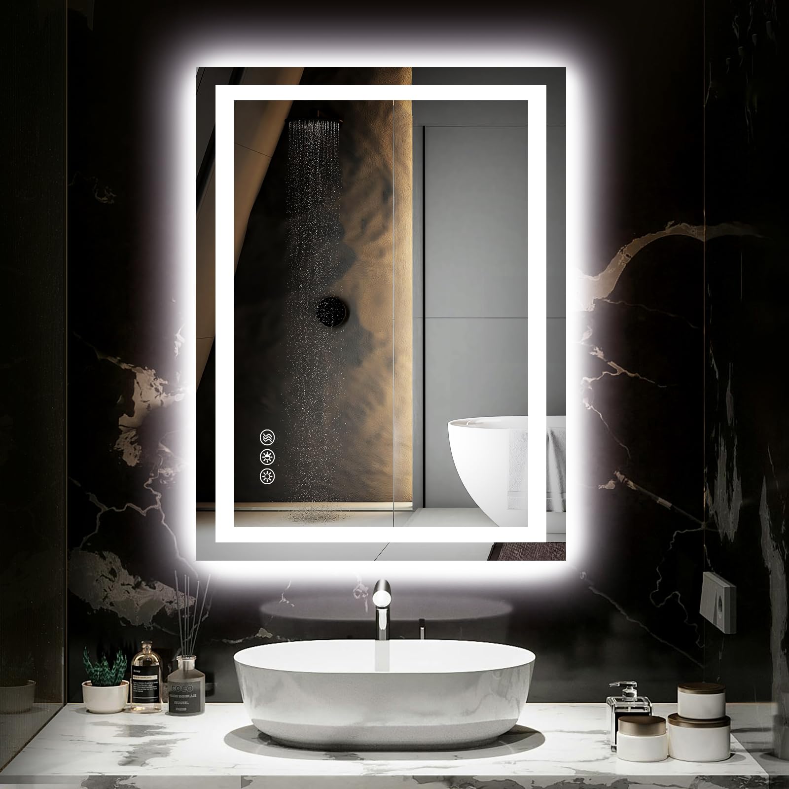 Hivone 24X32 LED Bathroom Mirror with Lights, Anti-Fog, Dimmable, Backlit + Front Lit, Smart Bathroom Vanity Mirror, Memory Function, Shatterproof, Tempered Glass (Horizontal/Vertical) Image
