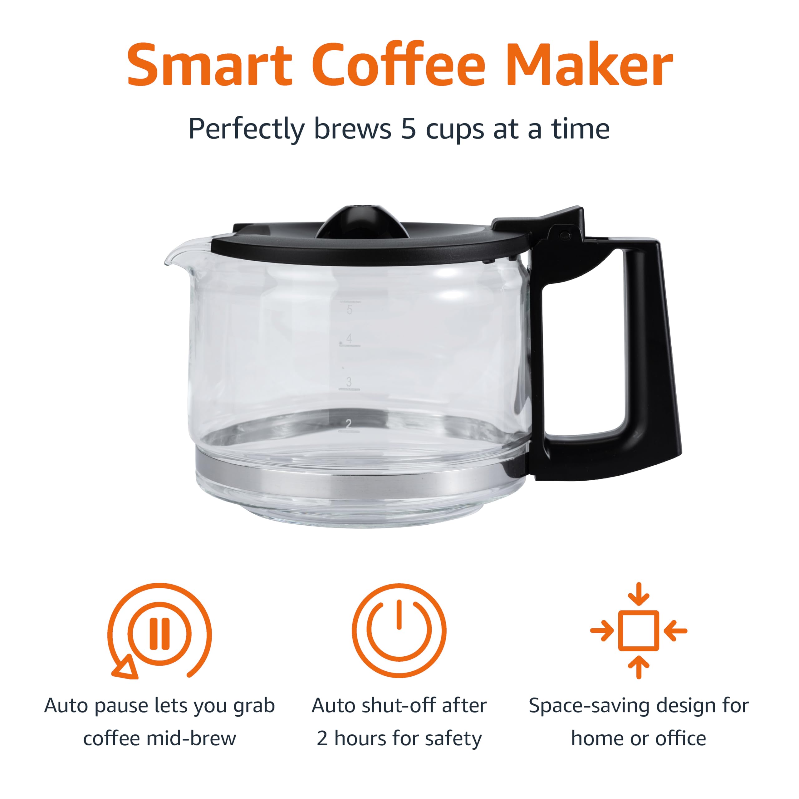 Amazon Basics 5 Cup Drip Coffee Maker, Coffee Machine with Glass Coffee Pot (0.8 Qt), Auto Shut-off, Auto Pause, Removable Filter Basket, Matte Black
