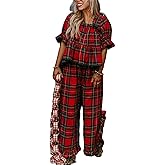 Leyajedol Women Plaid 2 Piece Pajama Set Y2k Gingham Short Sleeve Ruffle Babydoll Shirt and Pants Cute Lounge Sleep Set (Red, S)