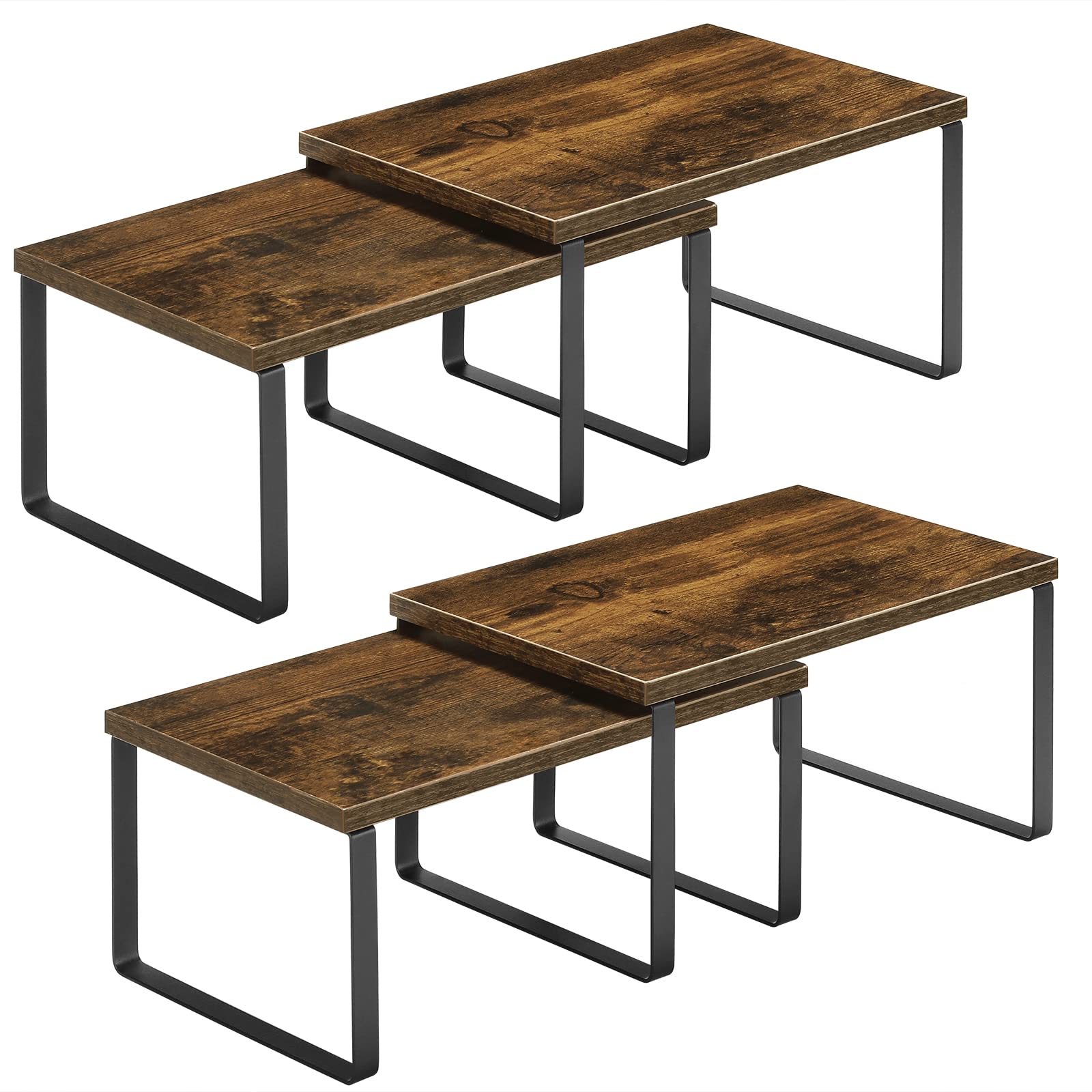 Nandae 4-Pack Wooden Kitchen Shelf Organizer for Cabinet, Expandable & Stackable Counter Cupboard Organiser, Storage Rack for Bathroom, Kitchen, Laundry Room Brown