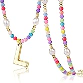 Valentines Day Gifts for Kids Women Teen Girls, Initial Necklace Bulk, Preppy Colorful Rainbow Beaded Pearl Choker with Letter Pendant, Cute Summer Beach Personalized Jewelry Gift for Party, Birthday, Everyday