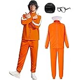 ERECT PEAK 4 Pcs Men's Sports Suit Costume Halloween Party Adult Orange Sportswear Suit With Pants Wig Glasses (S-3XL)