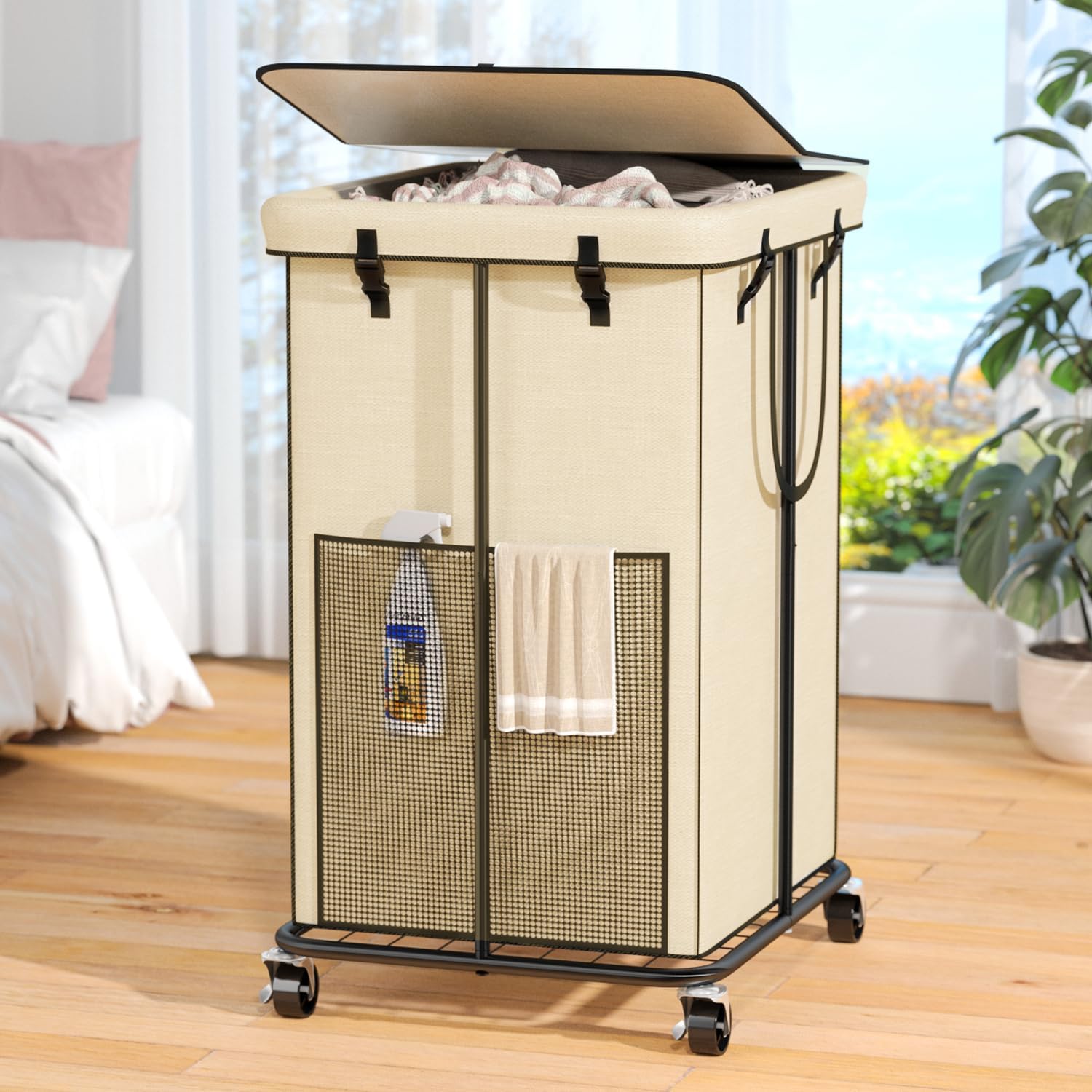 Photo 1 of 160L Laundry Hamper with Lid, Rolling Laundry Basket with Wheels, Large & Tall Dirty Clothes Hamper with Metal Frame and Removable Bag for Bedroom Aesthetic, Laundry Room, Bathroom, Dorm-Beige