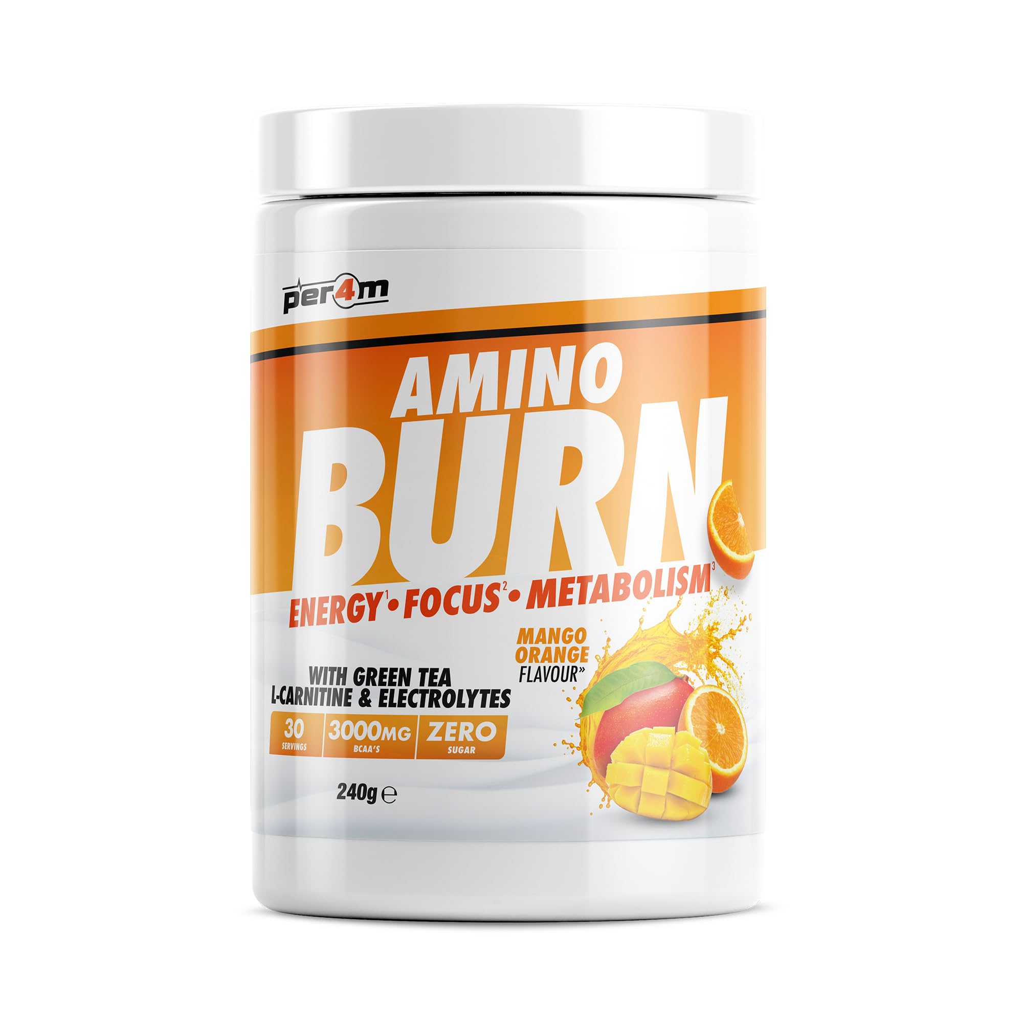 Per4m Amino Burn Powder | L-Carnitine, Cayenne, Green Tea, Pine Bark Extract & Caffeine | Increases Alertness & Attention | Suitable for Vegans | Sugar Free (240g, Mango Orange)