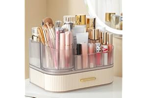 Delamu Makeup Organizer for Vanity with Stackable Drawers, 360 Rotating Makeup Brush Holder Large Cosmetic Display Case for D