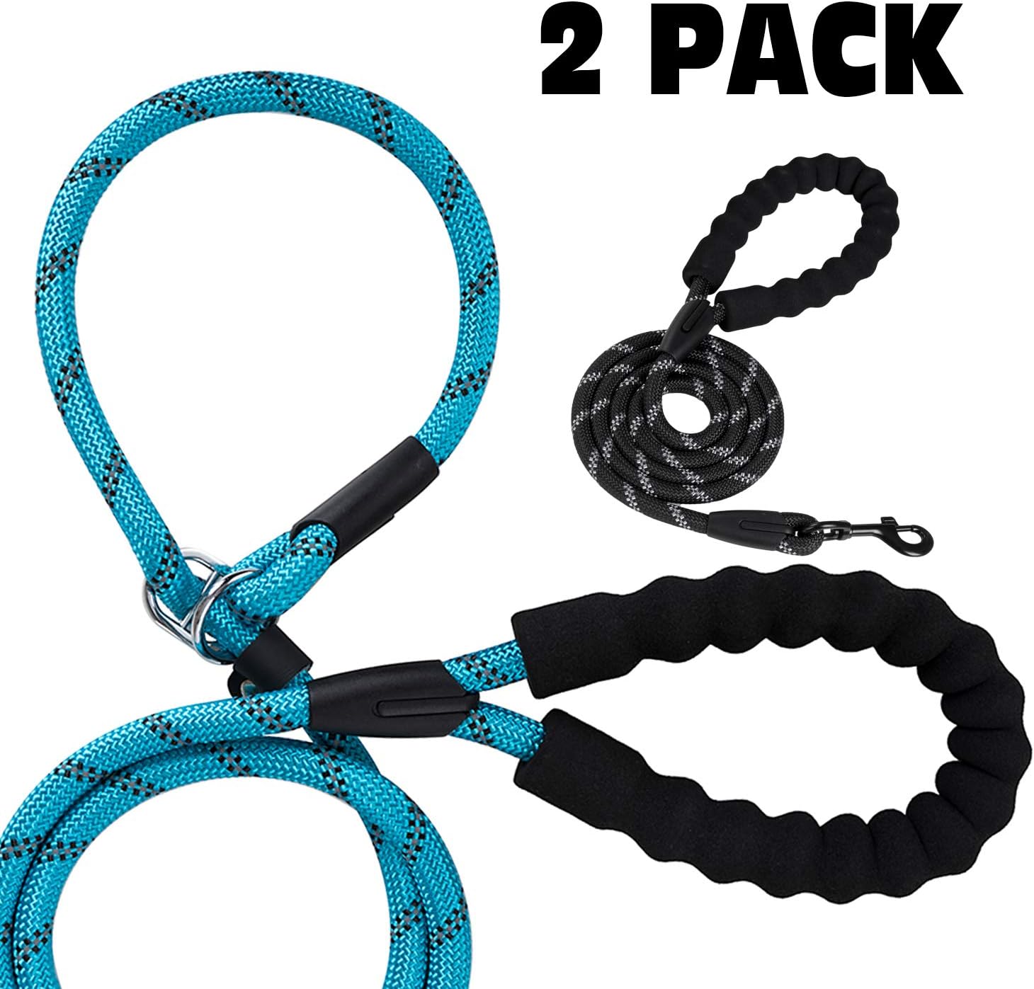 Coohom 2 Pack 5 FT Heavy Duty Dog Leash,Dog Slip Rope Leash with Comfortable Padded Handle and Highly Reflective Threads for Medium Large Dogs,Pet Grooming Glove