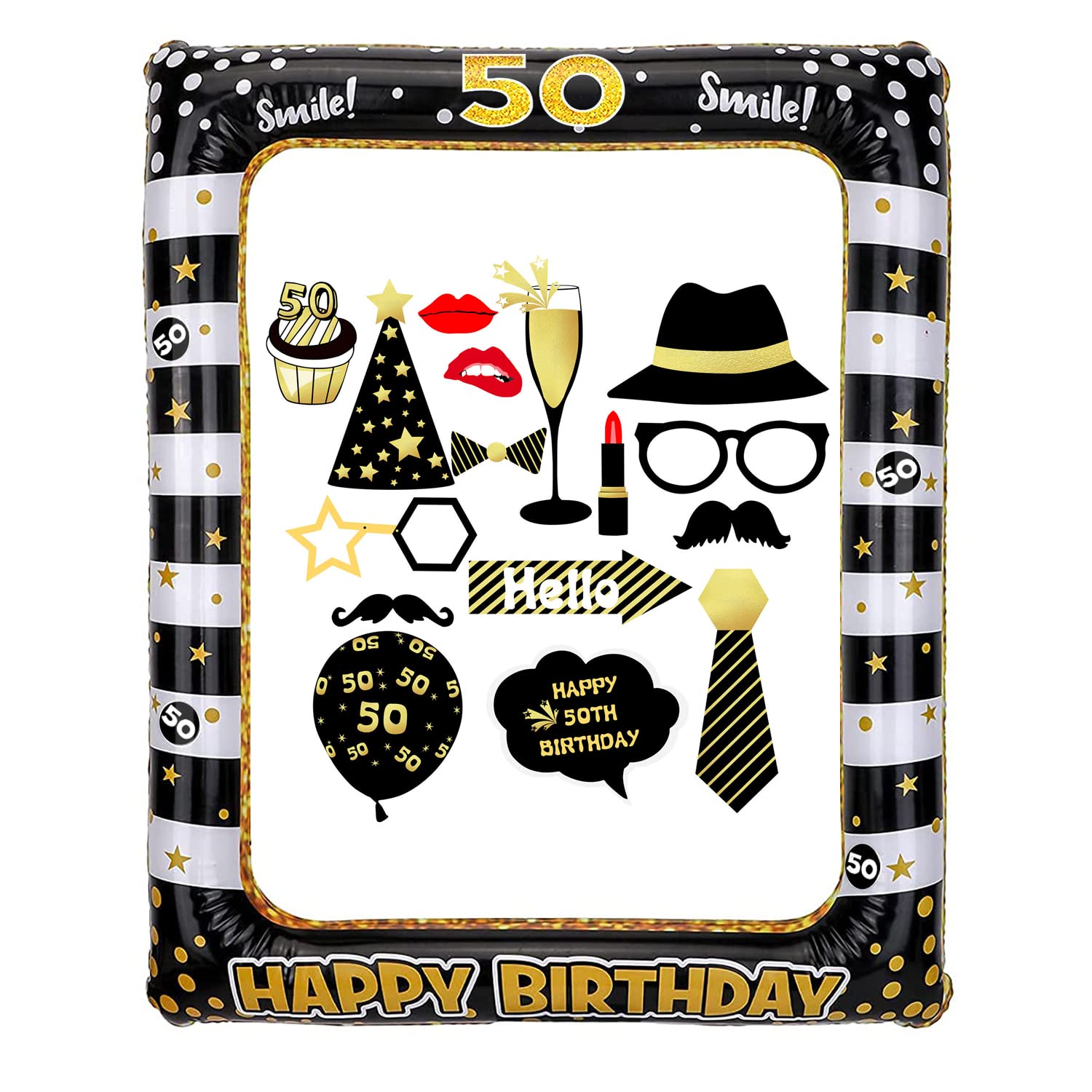 50th Birthday Inflatable Selfie Frame and Photo Booth Props Giant Black Gold Blow Up Decorations for Ladies Mens Birthday Party Supplies Theme Party Kit