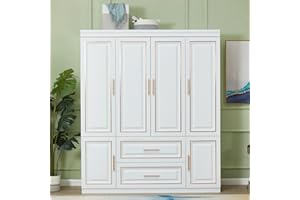 Sophshelter Wooden Armoire Wardrobe Closet Cabinet, 4 Door 2 Drawers White Cabinet for High Storage Capacity, Tall Cabinet Closet Wardrobe with 2 Shelves and Hanging Rod 63" L x 20.3" W x 72" H