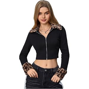 Women's Zip Up Jacket Leopard Print Furry Collar Long Sleeve Y2k Cropped Jacket Coats