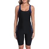 Halcurt Women's Boyleg 1 Piece Swimsuits Athletic Racerback Bathing Suit | 9" Inseam Knee Lenth, Built in Bra, Modest Full Coverage, Quick Dry, Lap Swimming, Water Aerobics