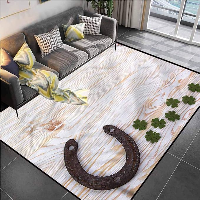 Area Rug Print Large Rug Mat Horseshoe, Four Leaf Clovers Wood Kids Rug for Living