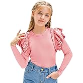 rrhss Girls Ruffle Long Sleeve Shirts Kids Cute Fitted Crew Neck Ribbed Knit Tops Clothes