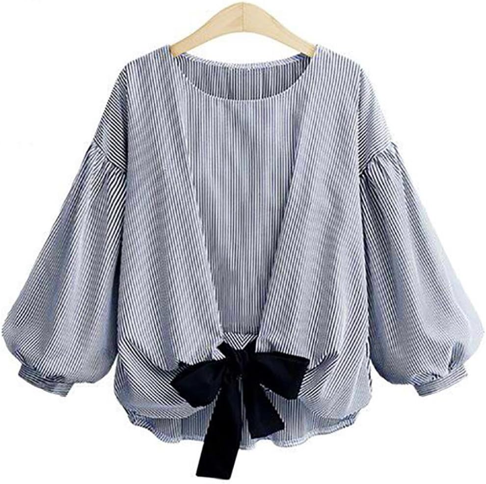 Women Plus Size Bandage Striped Lantern Sleeve Pullover Blouse Ladies Korean Style Fashion Shirt Tops