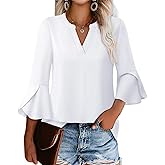 Gaharu Women's Work Blouses Ruffle 3/4 Sleeve Dressy Top V Neck Casual Chiffon Tunic Blouses Business Shirts