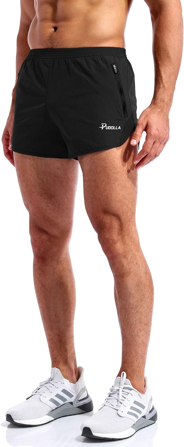 Pudolla Men’s Running Shorts 3 Inch Quick Dry Gym Athletic Workout Shorts for Men with Zipper Pockets: Clothing
