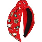 CAVETEE Christmas Headband for Women, Red Knotted Headband with Rhinestone Tree Snowflake Pearl Christmas Decorations for Women