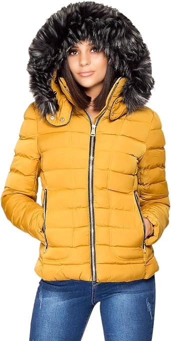 mustard coat with black fur hood