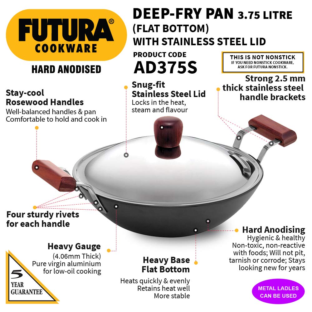 Hawkins Futura Hard Anodised Non Stick Kadai with Stainless Steel Lid
