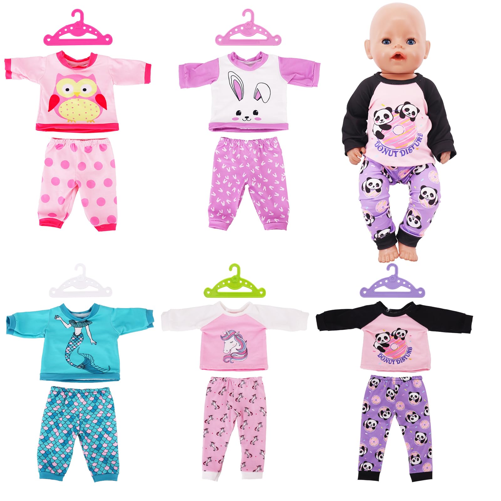 5 Sets Baby Doll Clothes for 14-18 Inch Doll, Baby Doll Accessories for Reborn Doll Owl Rabbit Mermaid Pony Panda Cute Pattern 5 Tops 5 Pants with 5 Hangers Birthday Children's Day Gifts