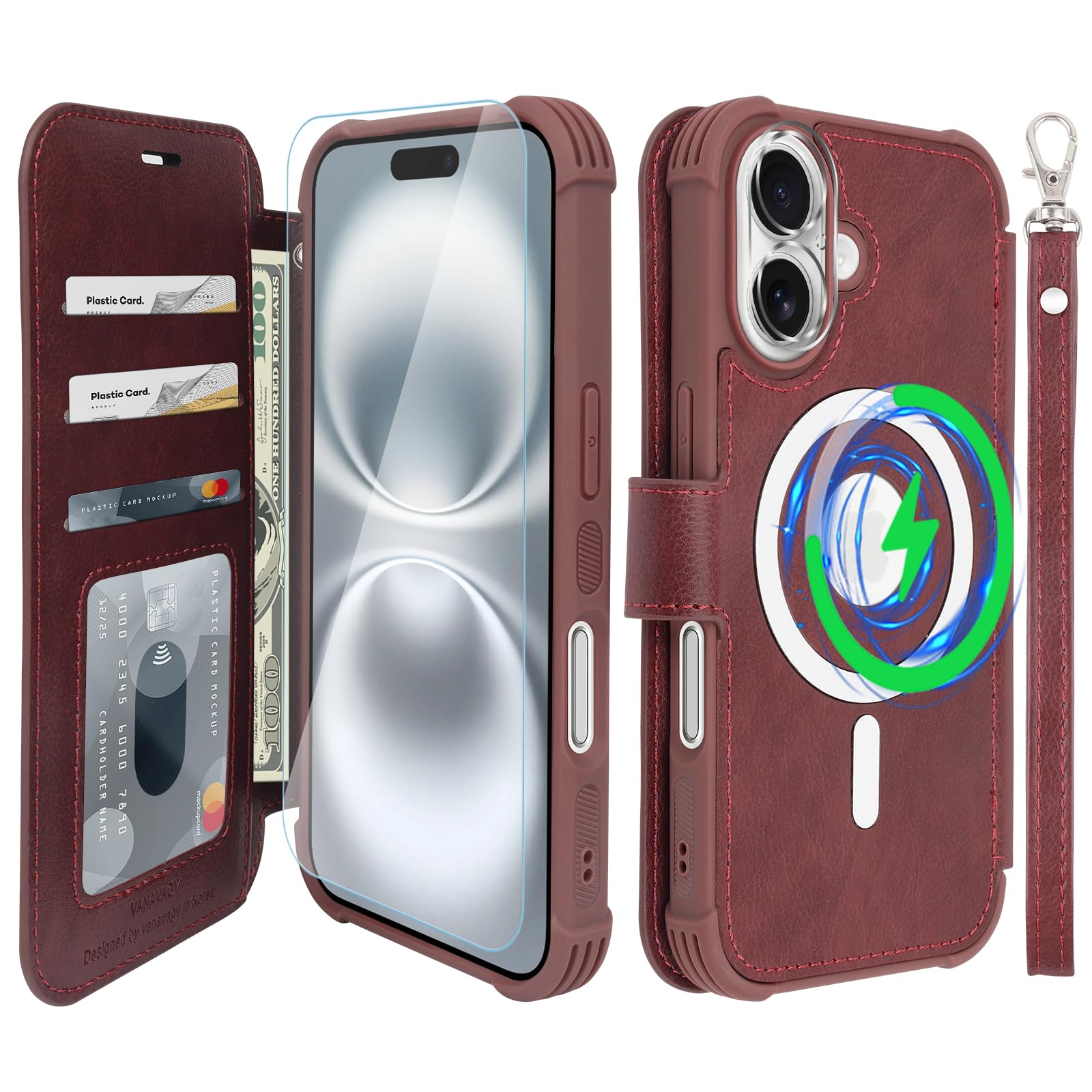 VANAVAGY Compatible for iPhone 16 Wallet Case for Magsafe Wireless Charging,Leather Flip Folio Wrist [Glass Screen Protectors and Camera Lens Protectors]with RFID Block Card Holder,Burgundy