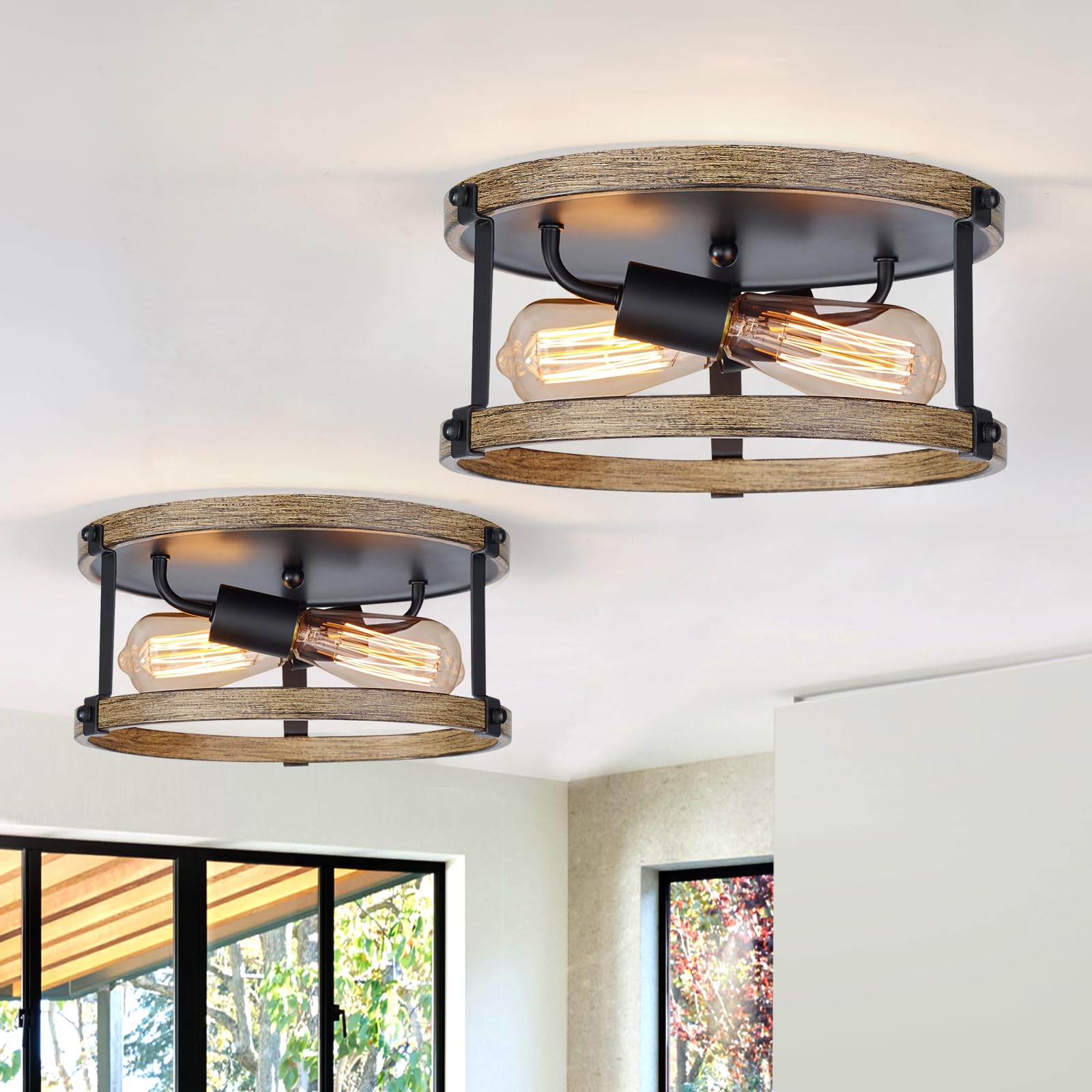 Photo 1 of 2 Pack Farmhouse Flush Mount Ceiling Light Fixture, 12.5 Inch 2-Light Rustic Ceiling Mount Light Fixtures, Round Drum Brown Wood Finish Flush Mount Lights for Kitchen Bedroom Hallway Dining Room