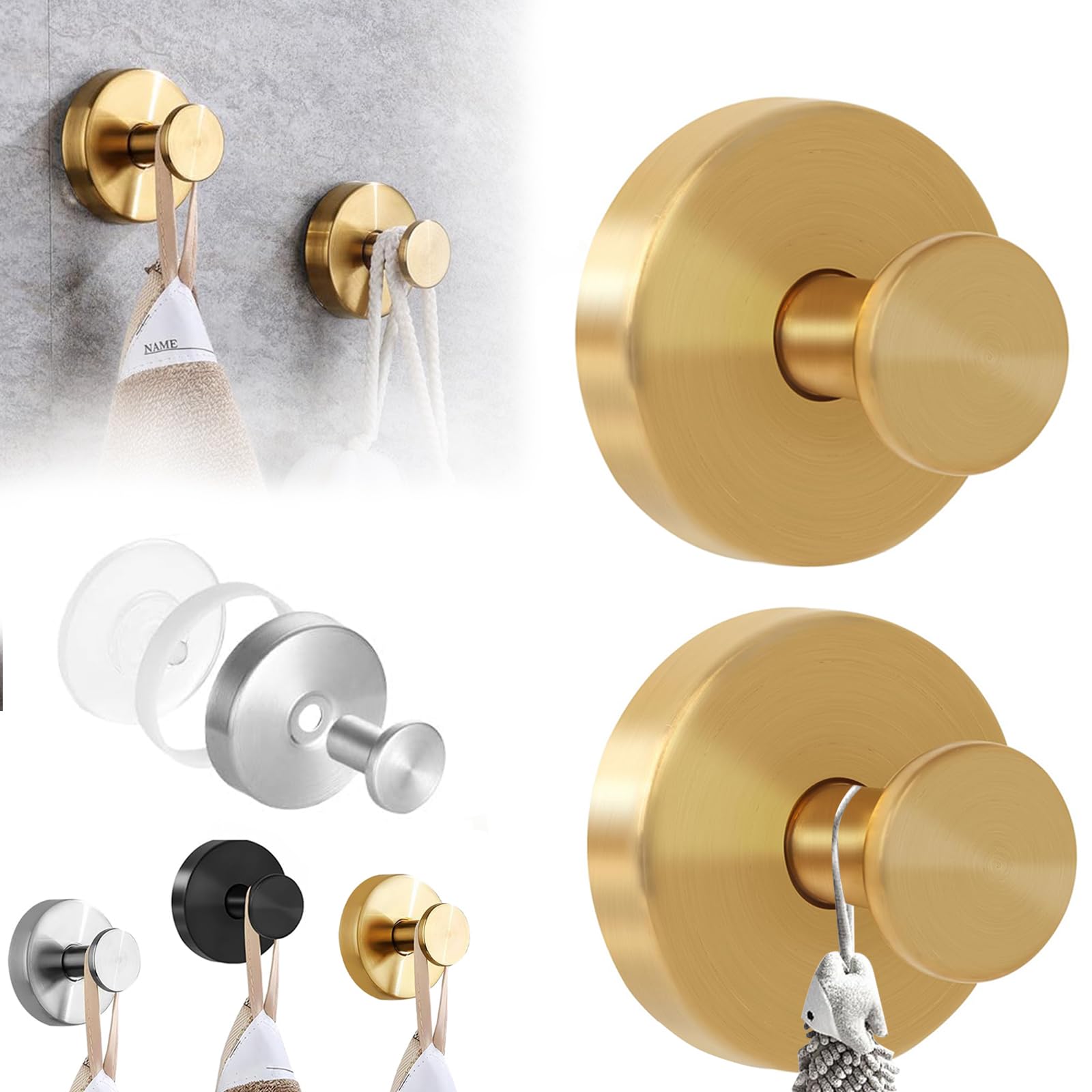 WEILONGB 2 Pcs Stainless Steel Gold Suction Hooks, No-Drill, Heavy Duty, 6.6lbs Max Load, Modern Design, Ideal for Bathroom, Kitchen, Office