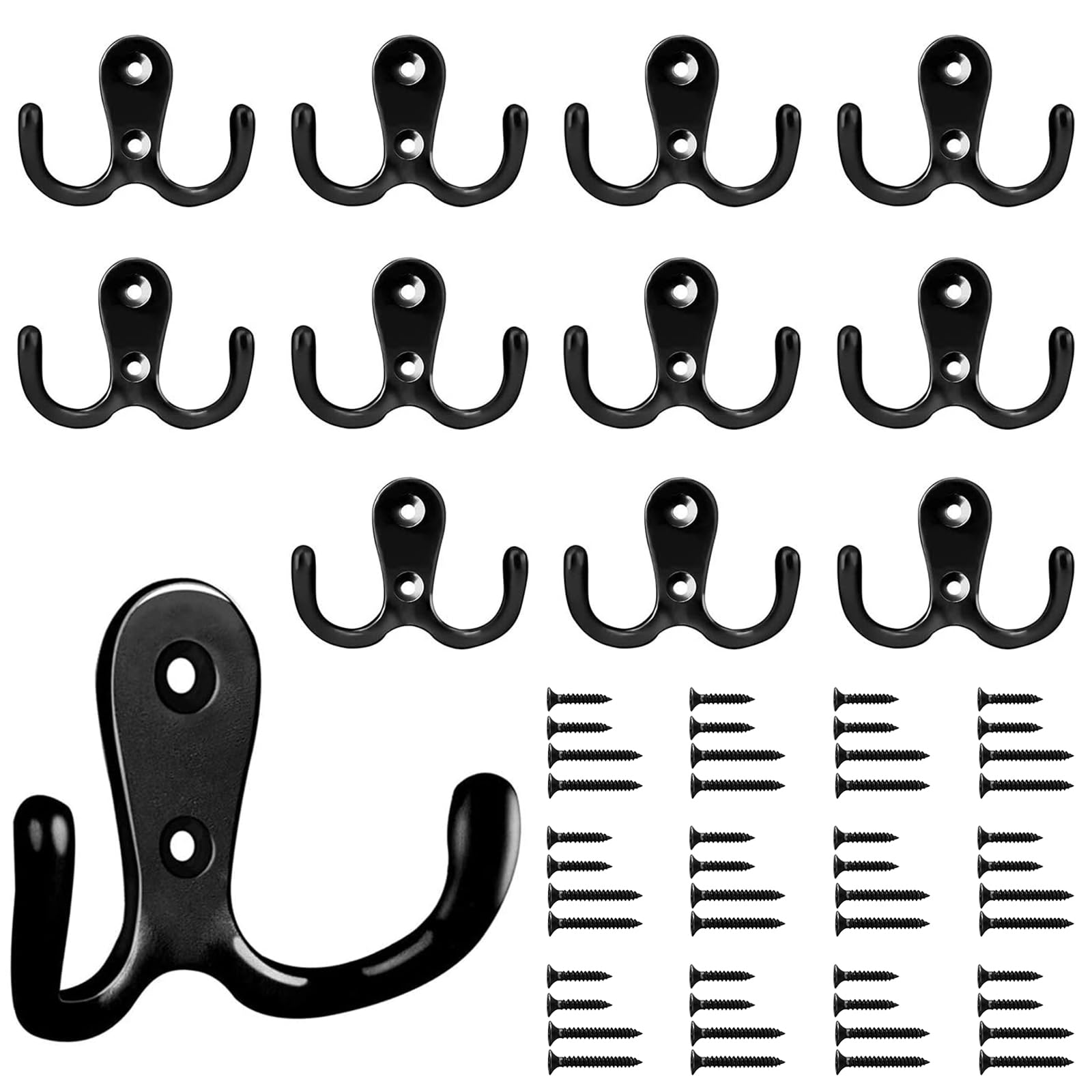 Bolatus Pack of 12 Black Zinc Metal Double Coat Hooks, Retro Vintage Style, 15 kg Weight Capacity, Wall Mount, Bathroom, Kitchen, Bedroom