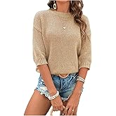 Milumia Women's Short Sleeve Sweater Crochet Crew Neck Drop Shoulder Knit Pullover Tops